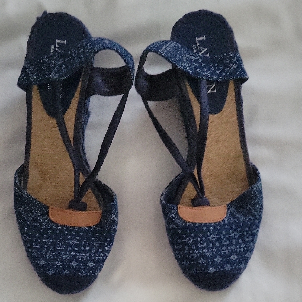 Ralph Lauren Blue Tan Espadrilles with Woven Design
